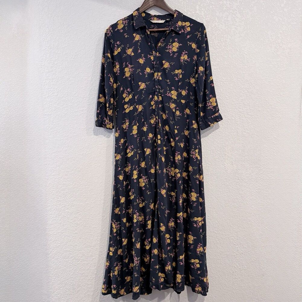 Fratini Floral Shirt Dress Navy Button Front Midi Fit & Flare Boho Size Large